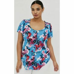Torrid Floral Button Front Shirt Top Flutter Sleeve Blue Pink Blouse